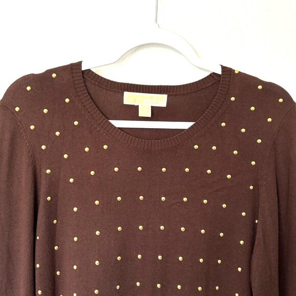 Michael Kors Wms XL Brown LS Lightweight Midi Sweater Dress Gold Studded - Picture 4 of 10